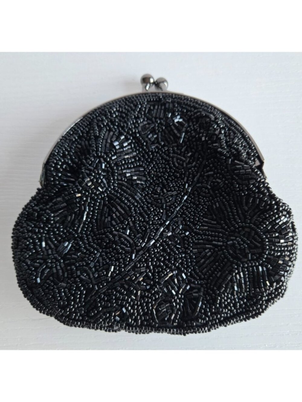 Black Beaded VTG Jessica McClintock Cross-Body Bag w/19" Drop Chain Kiss Lock
